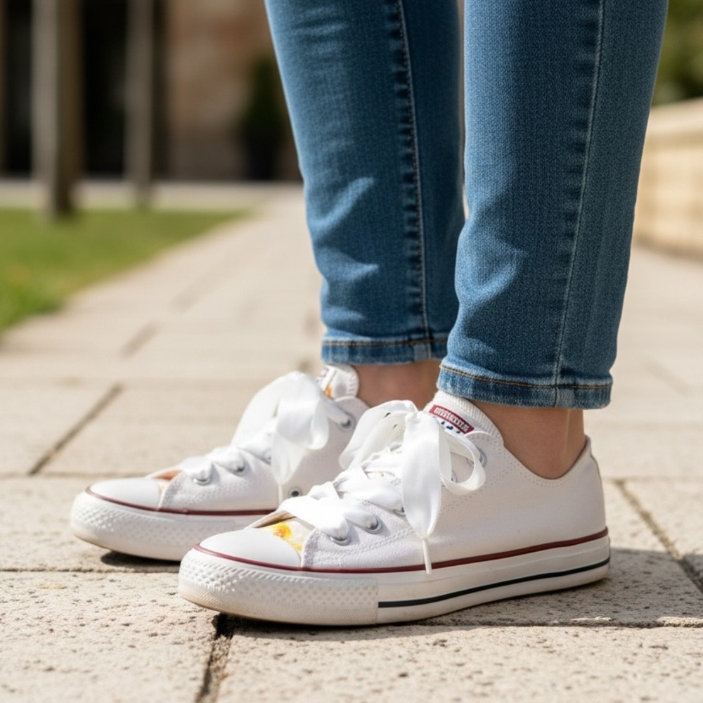 Hand Painted Converse Women's White Satin Lace Sneakers - Picture 2 of 11